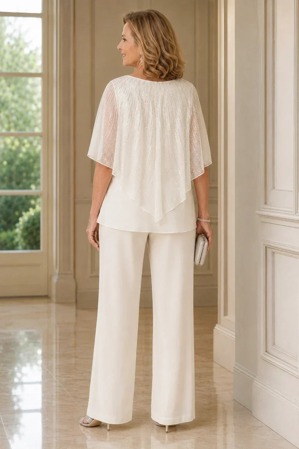 Sequin Capelet Trouser Suit with Wide-Leg Trousers