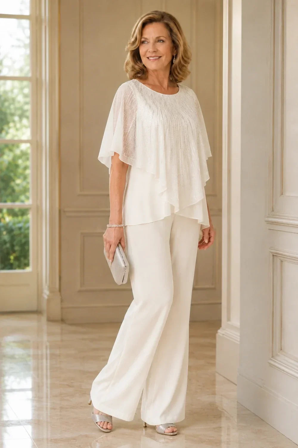 Sequin Capelet Trouser Suit with Wide-Leg Trousers