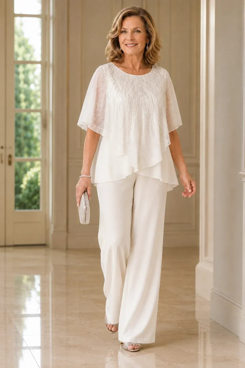 Sequin Capelet Trouser Suit with Wide-Leg Trousers