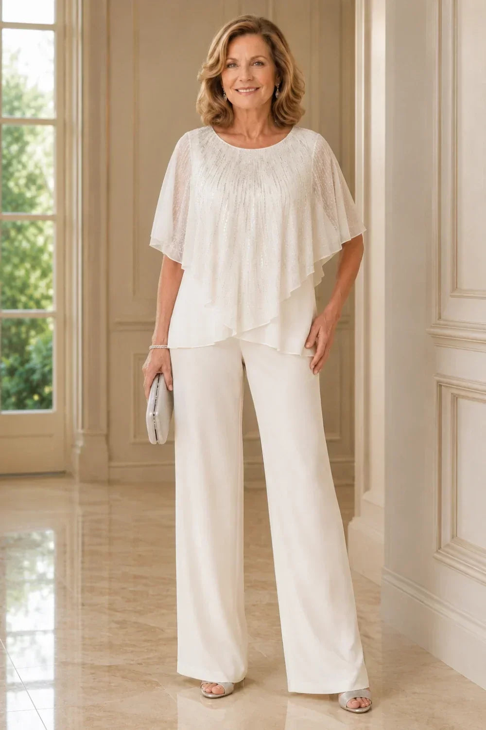 Sequin Capelet Trouser Suit with Wide-Leg Trousers