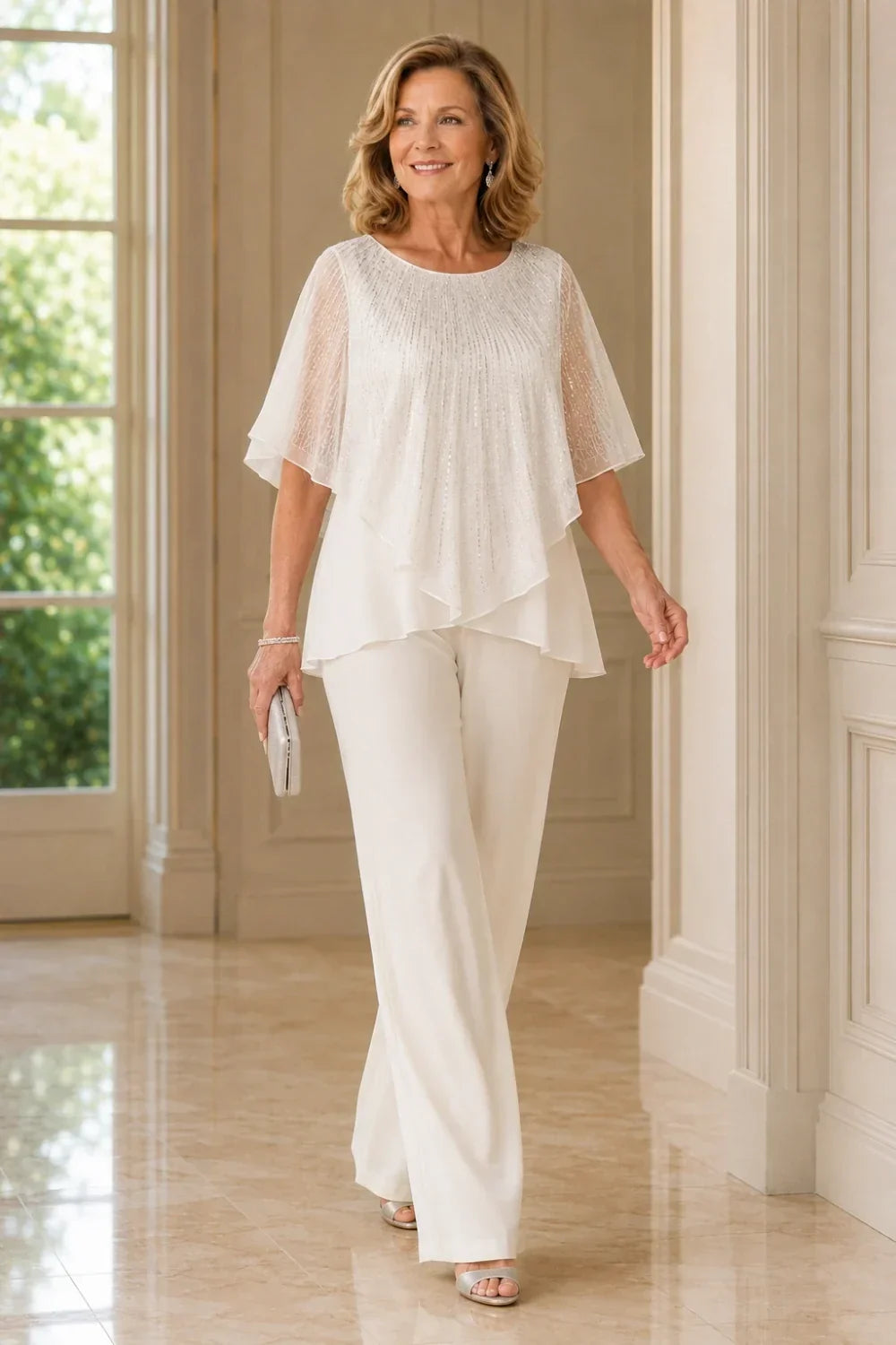 Sequin Capelet Trouser Suit with Wide-Leg Trousers