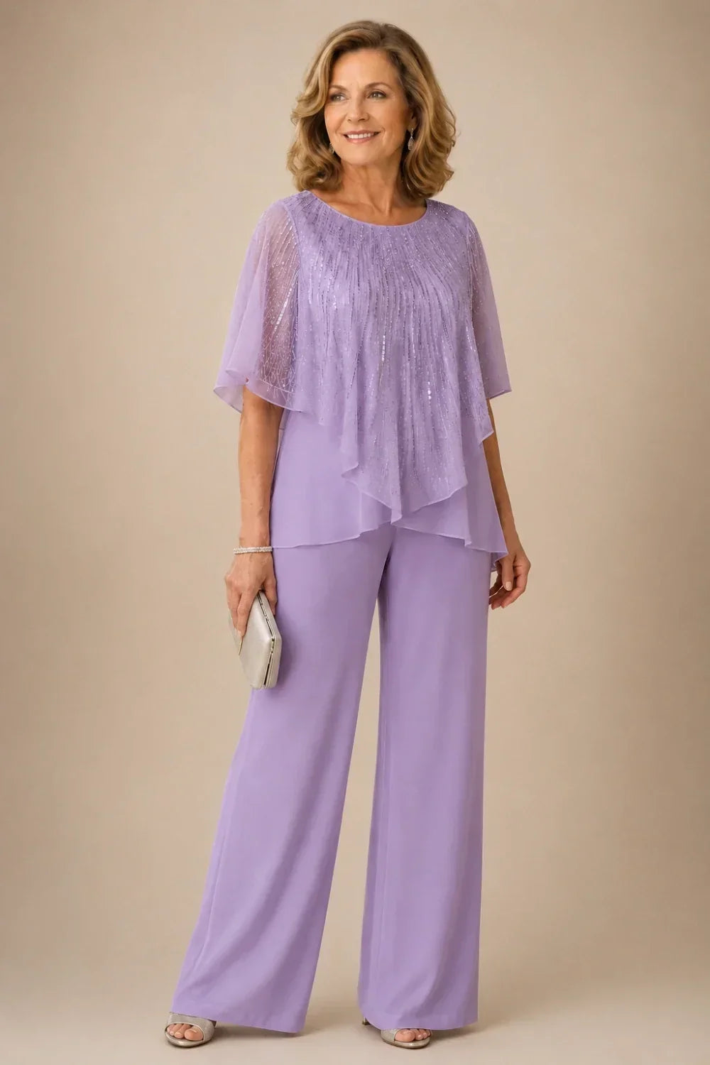 Sequin Capelet Trouser Suit with Wide-Leg Trousers
