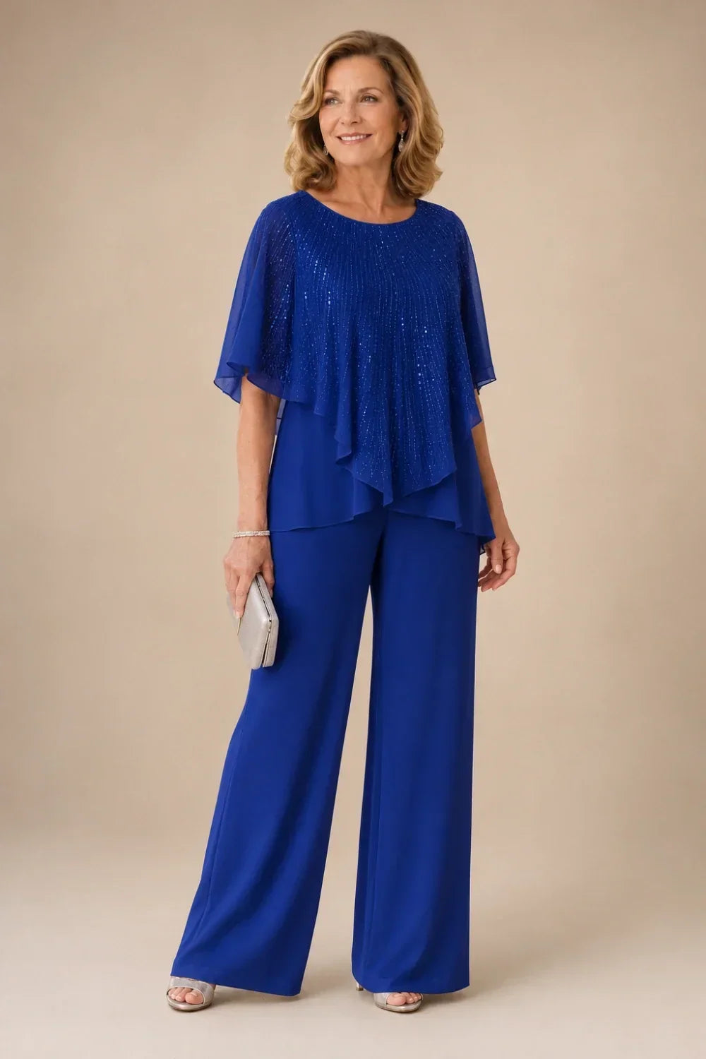 Sequin Capelet Trouser Suit with Wide-Leg Trousers