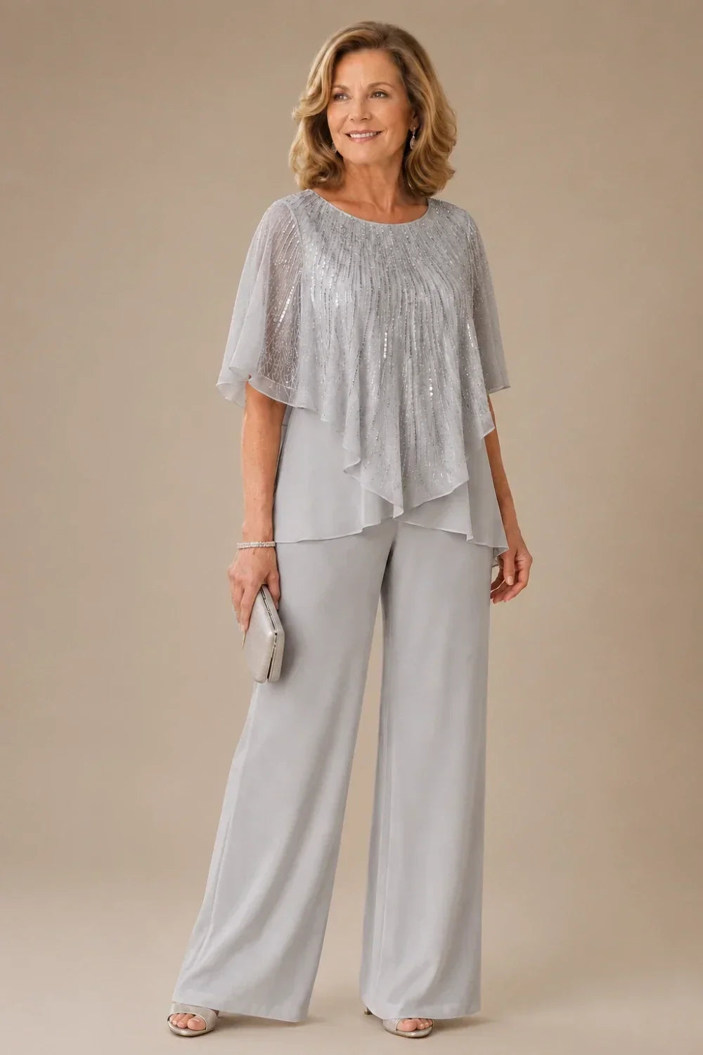 Sequin Capelet Trouser Suit with Wide-Leg Trousers