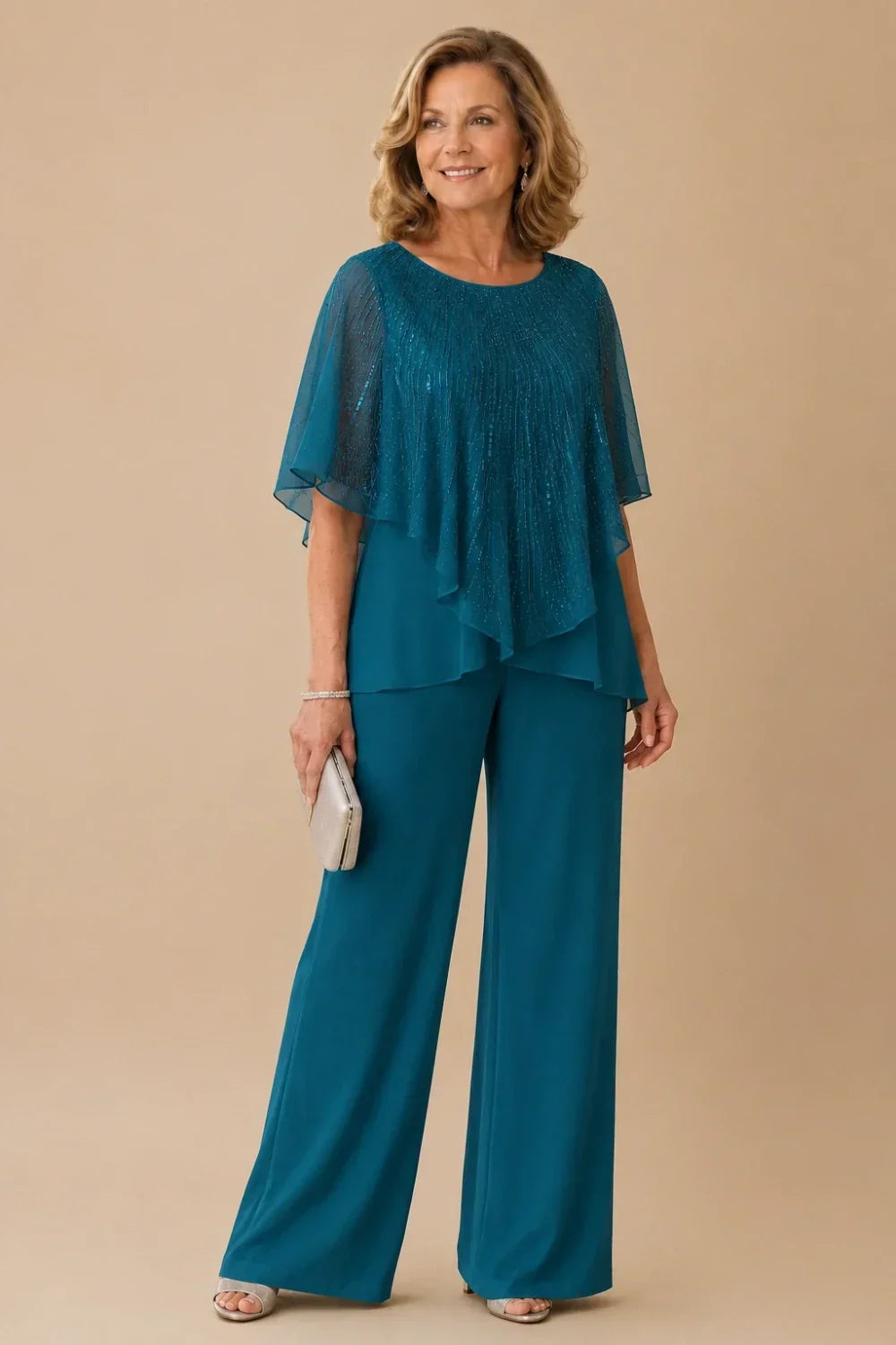 Sequin Capelet Trouser Suit with Wide-Leg Trousers