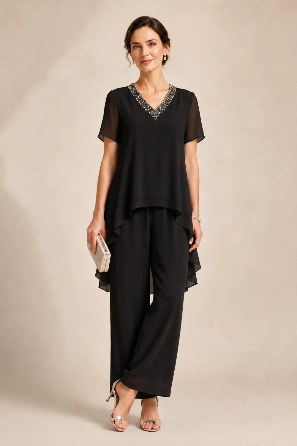 V-Neck Asymmetric Capelet Trouser Suit