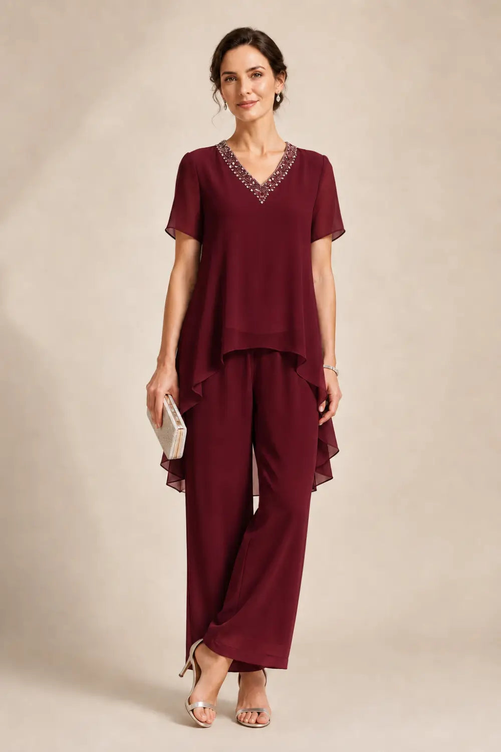 V-Neck Asymmetric Capelet Trouser Suit