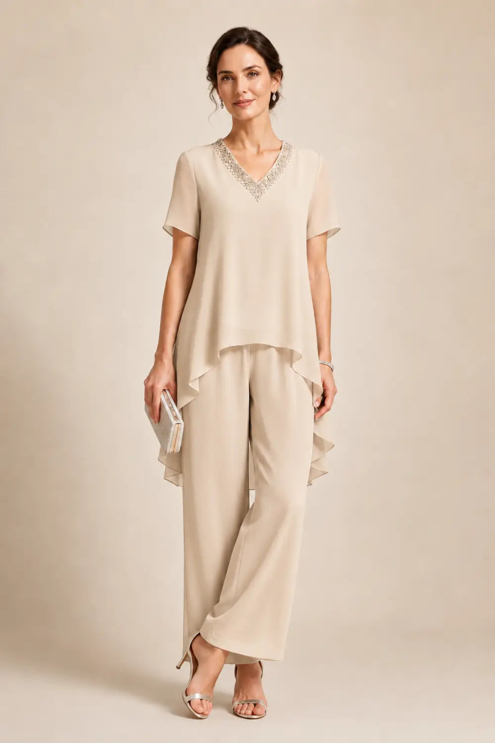 V-Neck Asymmetric Capelet Trouser Suit