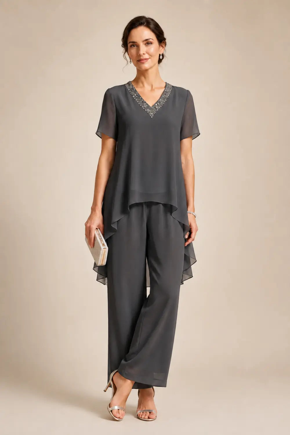 V-Neck Asymmetric Capelet Trouser Suit