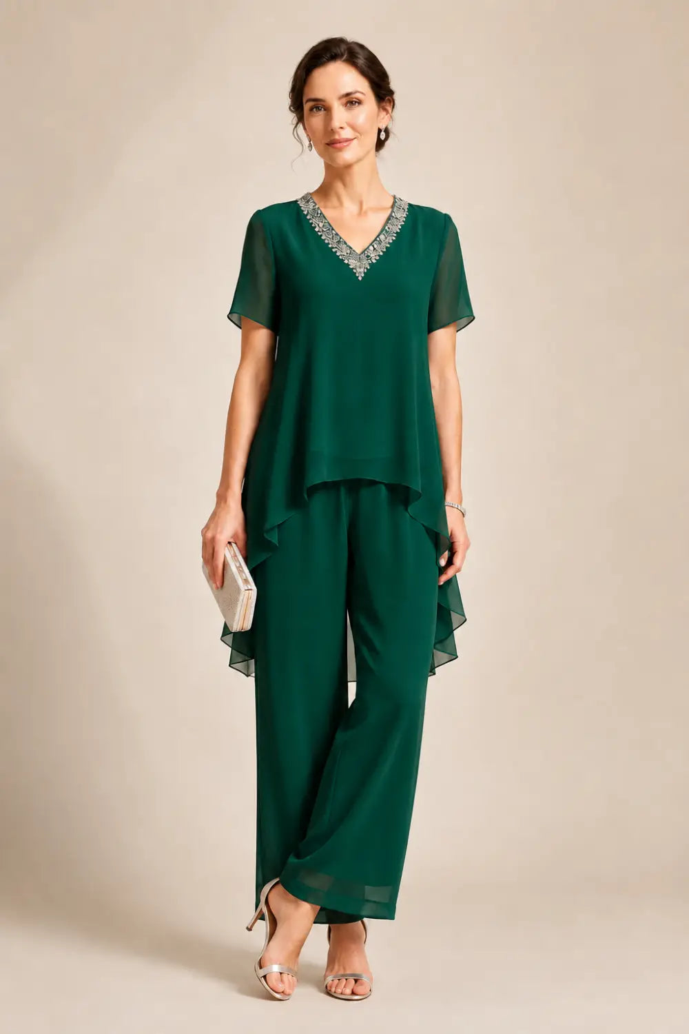 V-Neck Asymmetric Capelet Trouser Suit