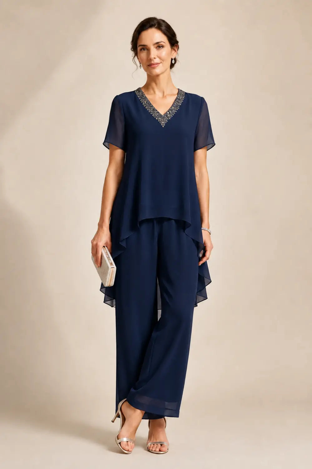 V-Neck Asymmetric Capelet Trouser Suit