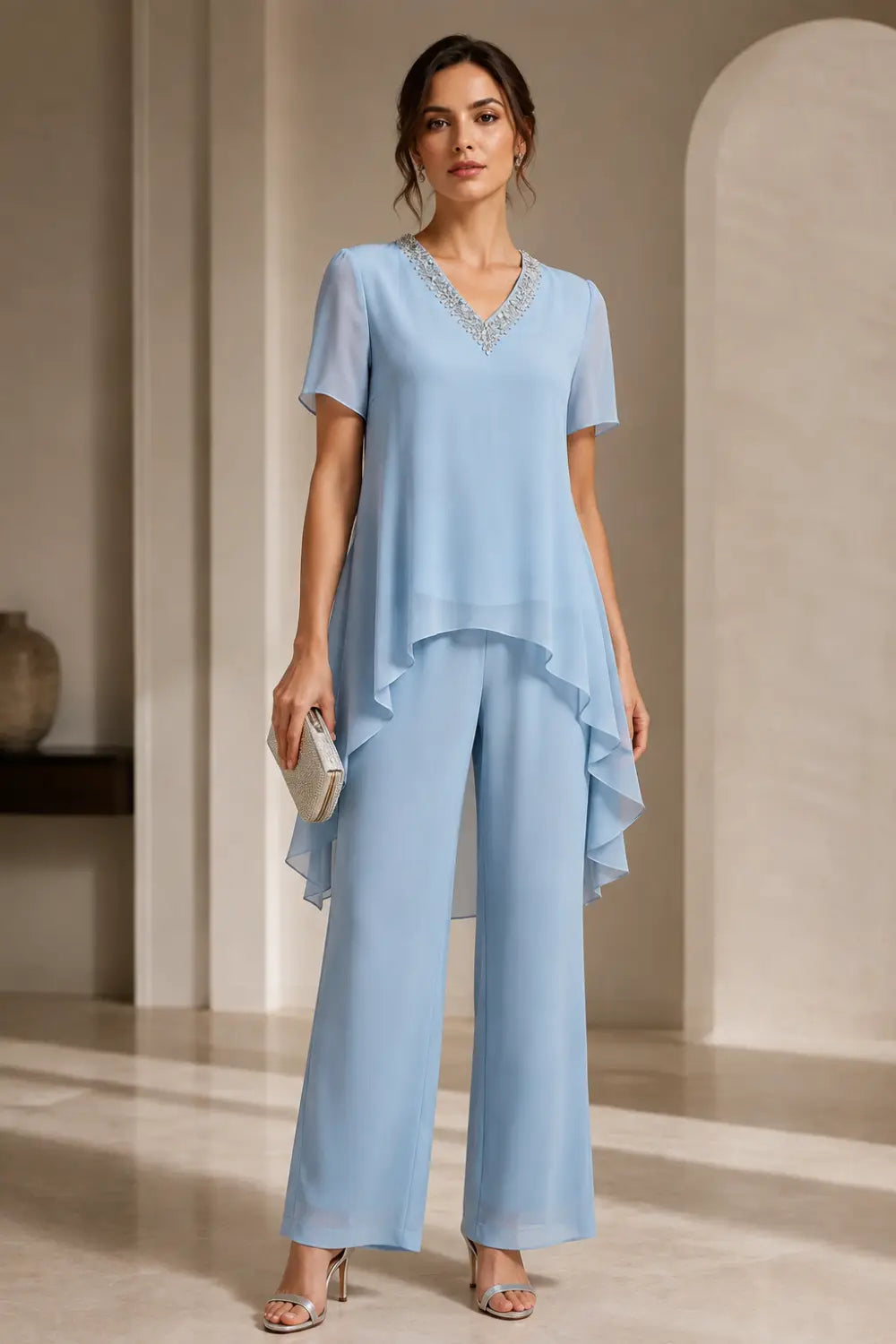 V-Neck Asymmetric Capelet Trouser Suit