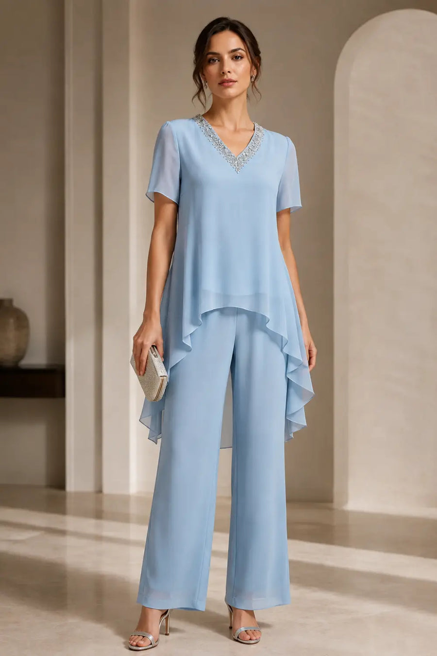 V-Neck Asymmetric Capelet Trouser Suit