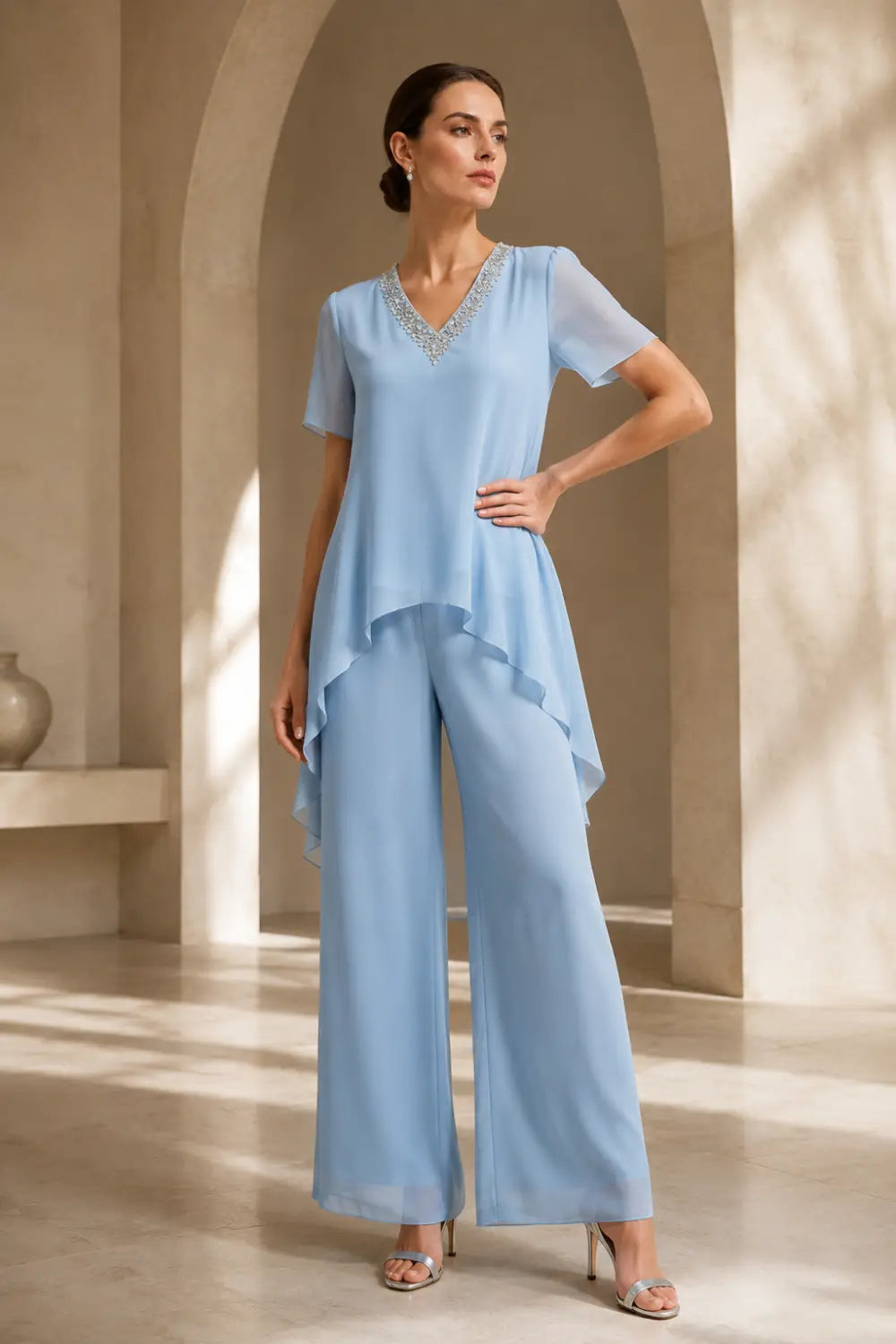 V-Neck Asymmetric Capelet Trouser Suit