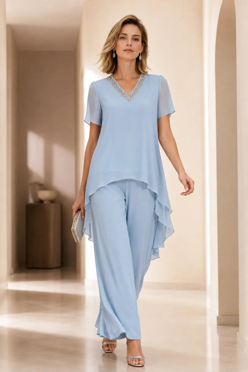 V-Neck Asymmetric Capelet Trouser Suit