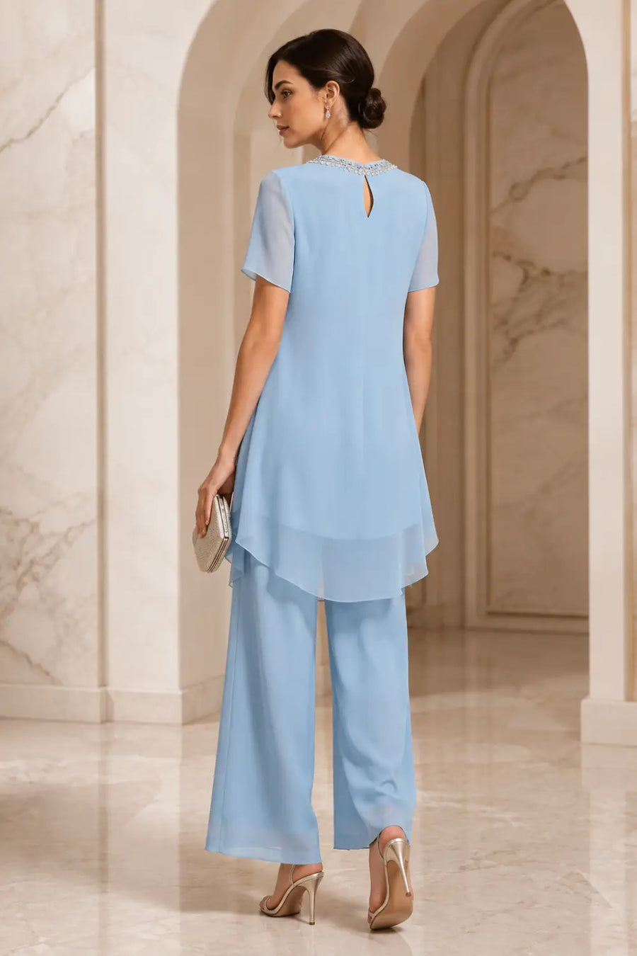 V-Neck Asymmetric Capelet Trouser Suit