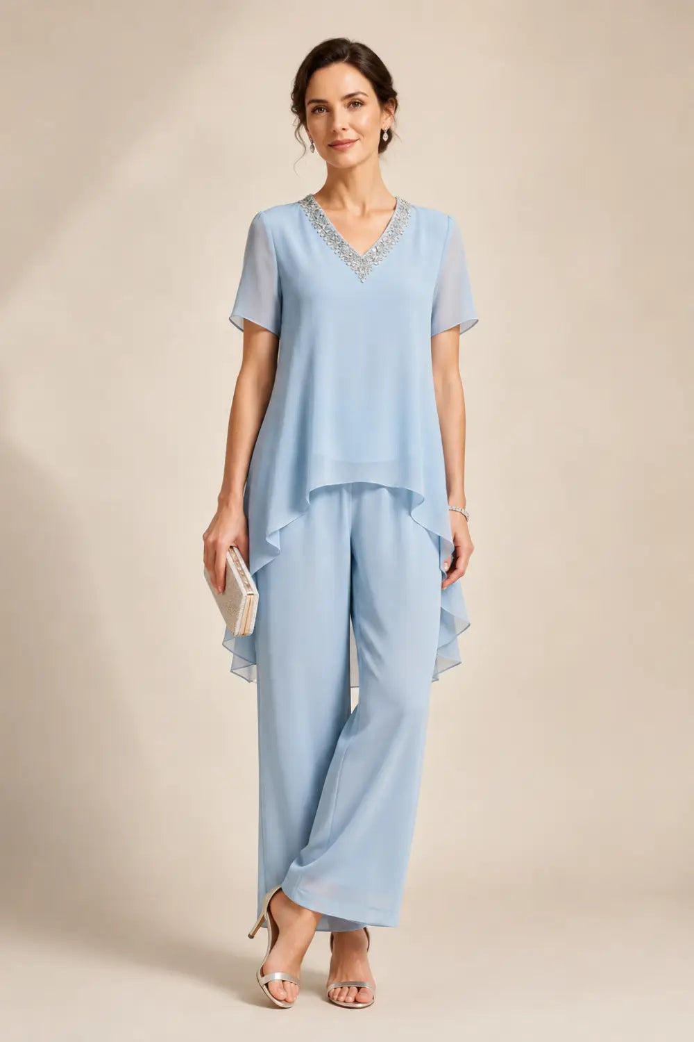V-Neck Asymmetric Capelet Trouser Suit
