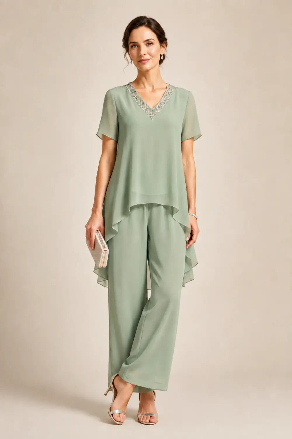 V-Neck Asymmetric Capelet Trouser Suit