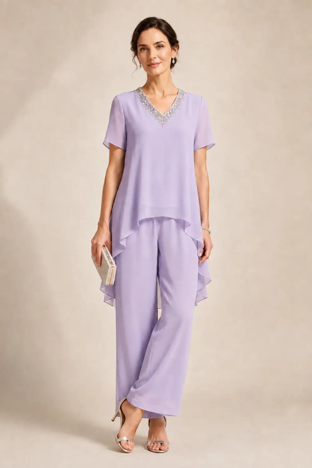 V-Neck Asymmetric Capelet Trouser Suit