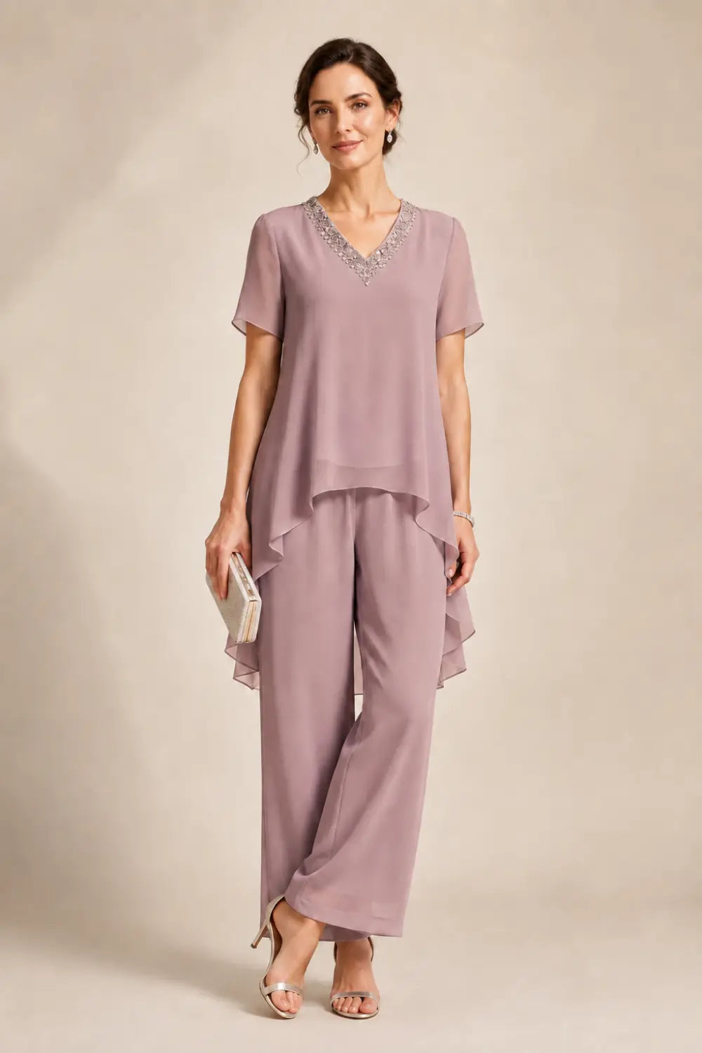 V-Neck Asymmetric Capelet Trouser Suit