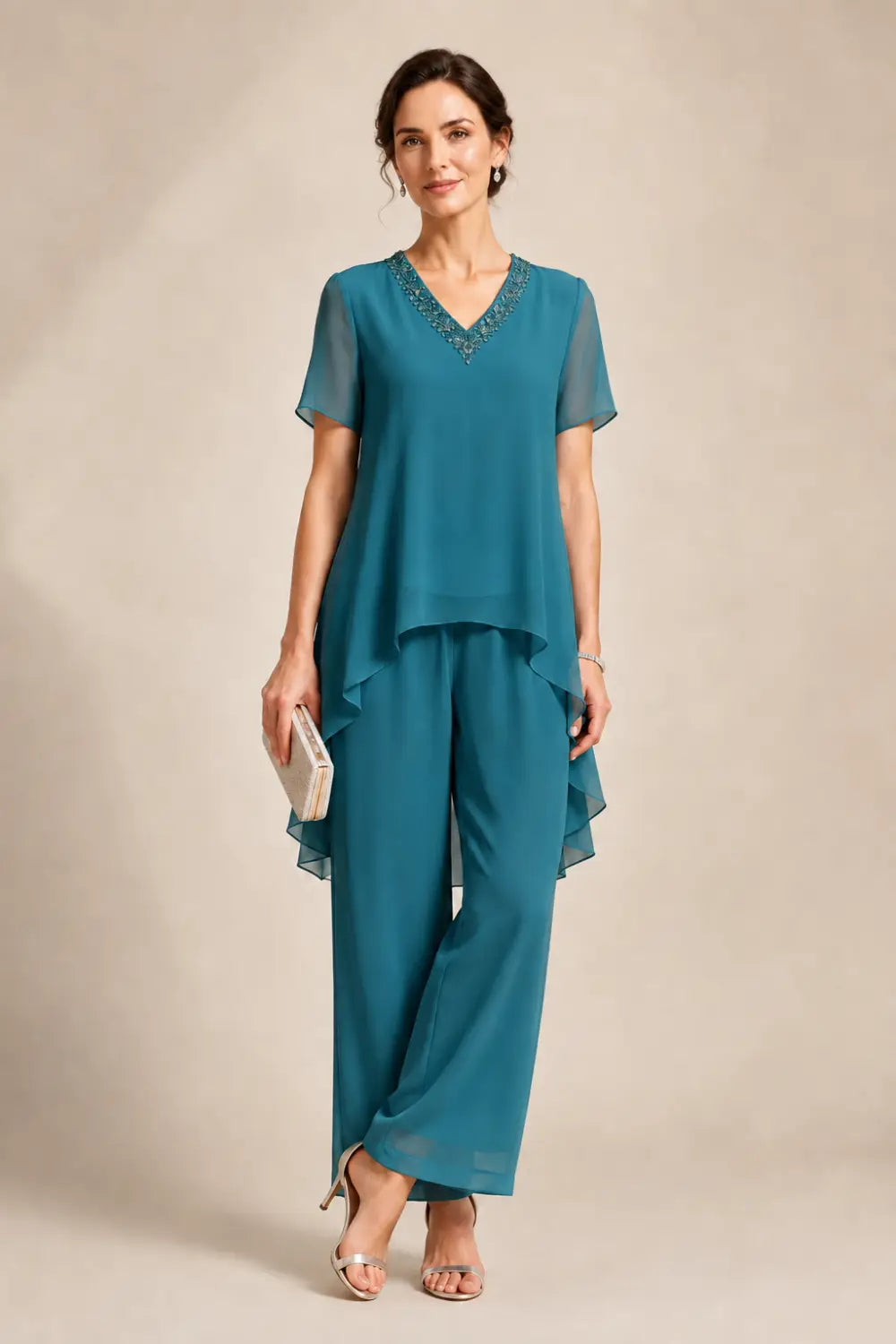 V-Neck Asymmetric Capelet Trouser Suit