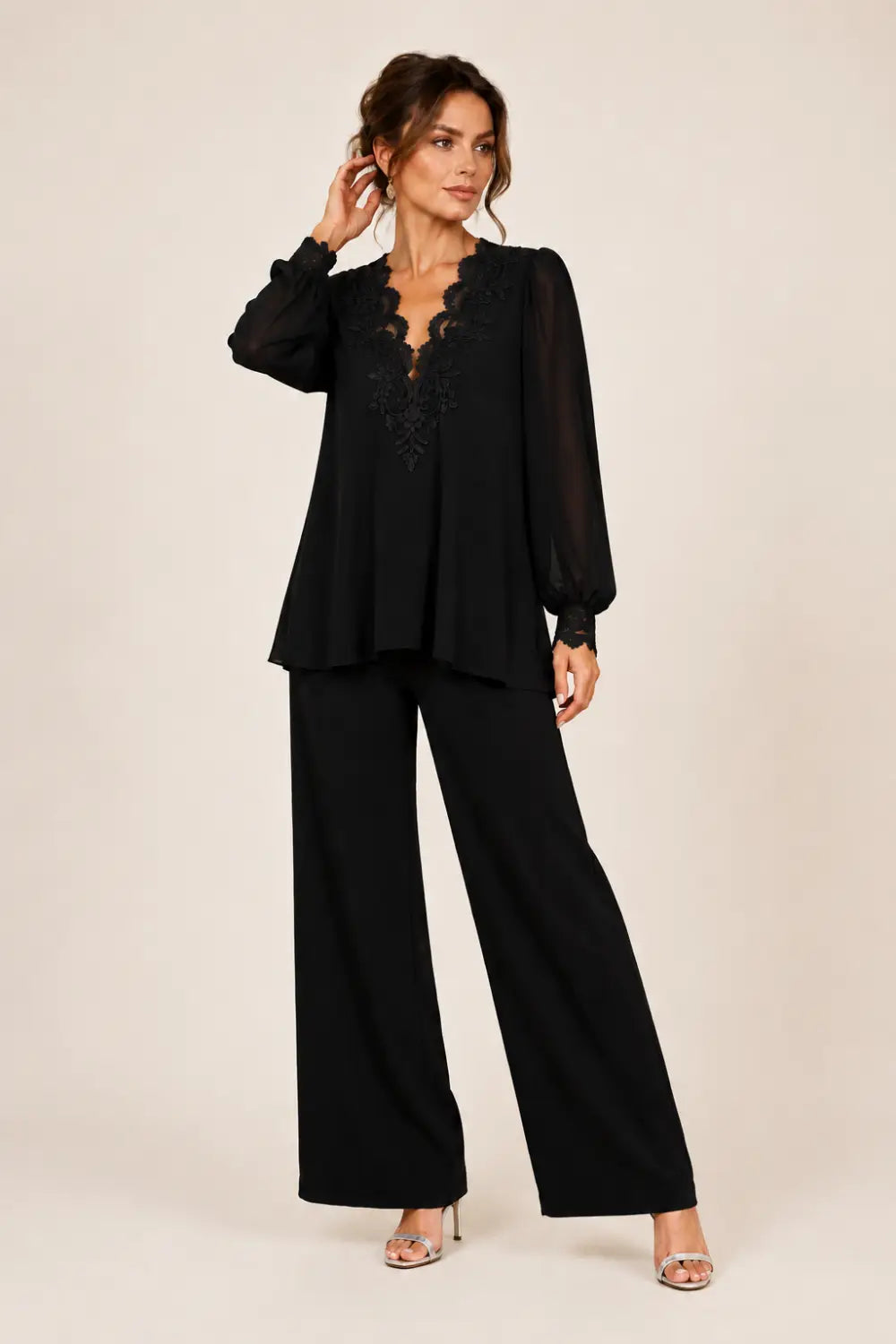 V-Neck Layered Trouser Suit with Wide-Leg Trousers
