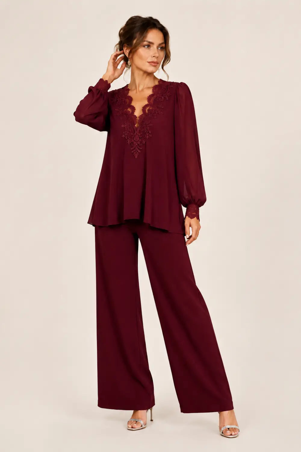 V-Neck Layered Trouser Suit with Wide-Leg Trousers