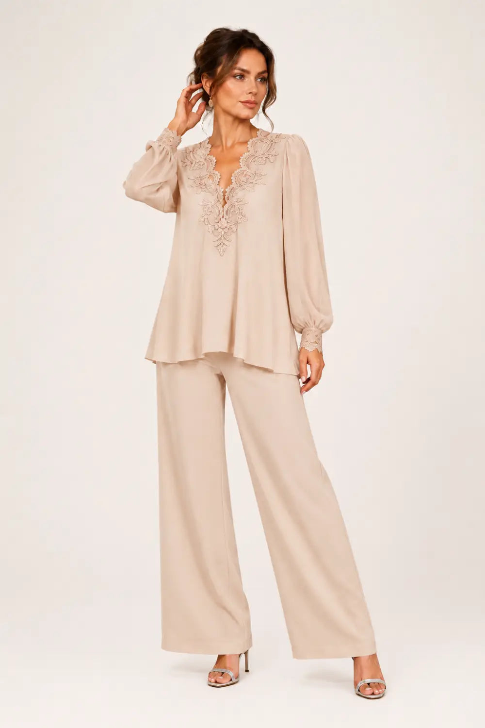 V-Neck Layered Trouser Suit with Wide-Leg Trousers