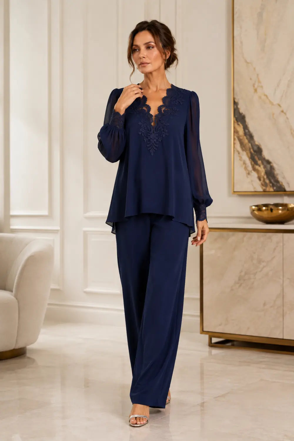 V-Neck Layered Trouser Suit with Wide-Leg Trousers