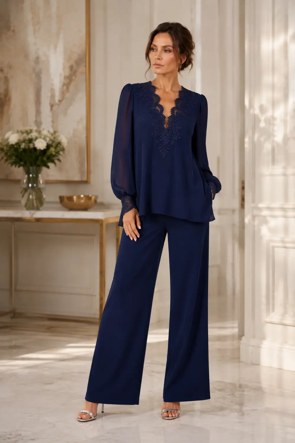 V-Neck Layered Trouser Suit with Wide-Leg Trousers