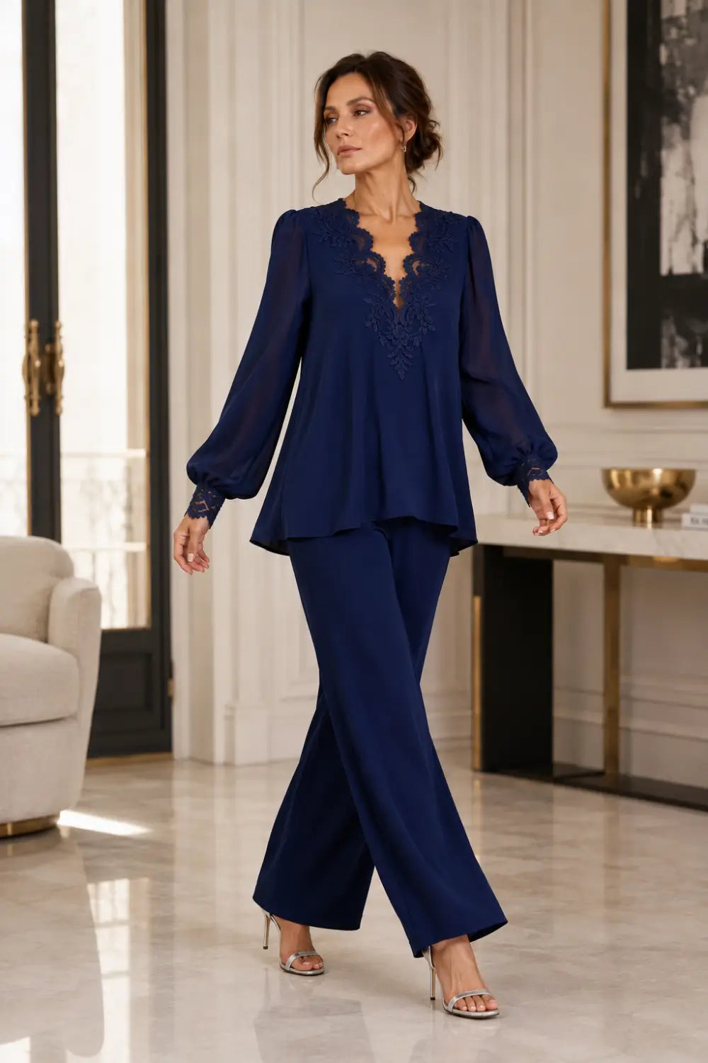 V-Neck Layered Trouser Suit with Wide-Leg Trousers