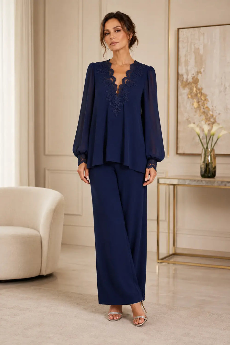V-Neck Layered Trouser Suit with Wide-Leg Trousers