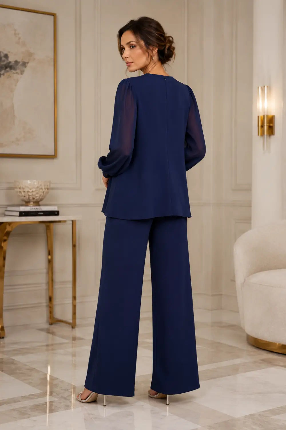 V-Neck Layered Trouser Suit with Wide-Leg Trousers