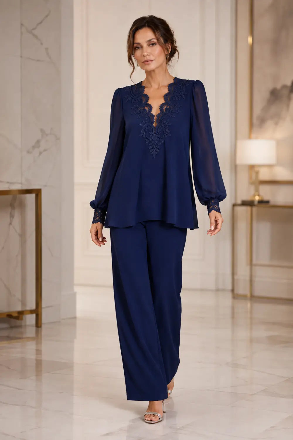 V-Neck Layered Trouser Suit with Wide-Leg Trousers