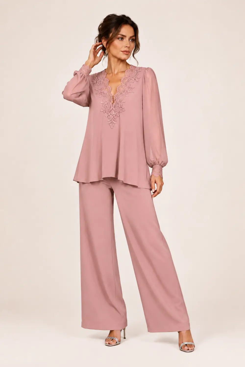 V-Neck Layered Trouser Suit with Wide-Leg Trousers