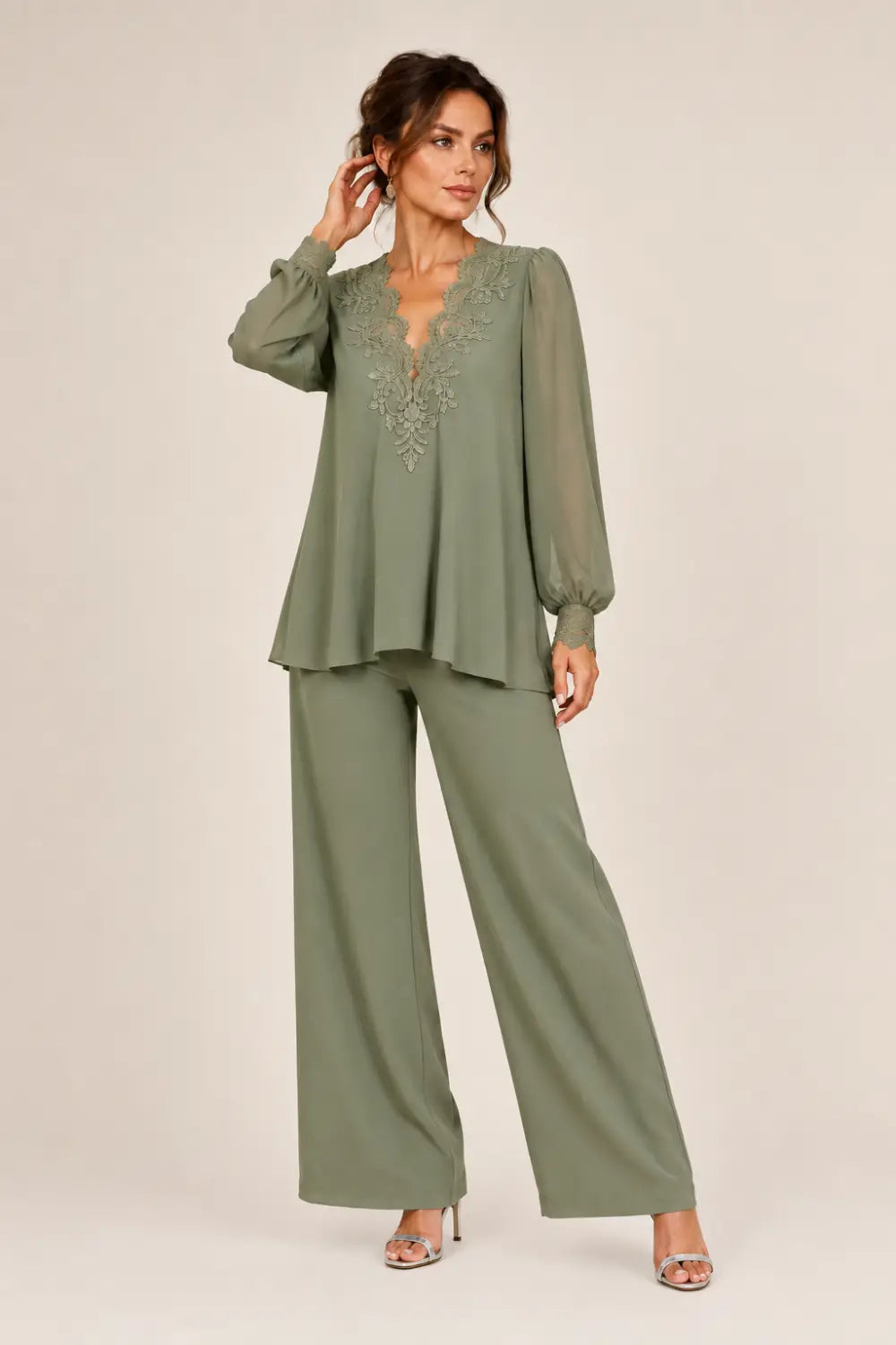 V-Neck Layered Trouser Suit with Wide-Leg Trousers