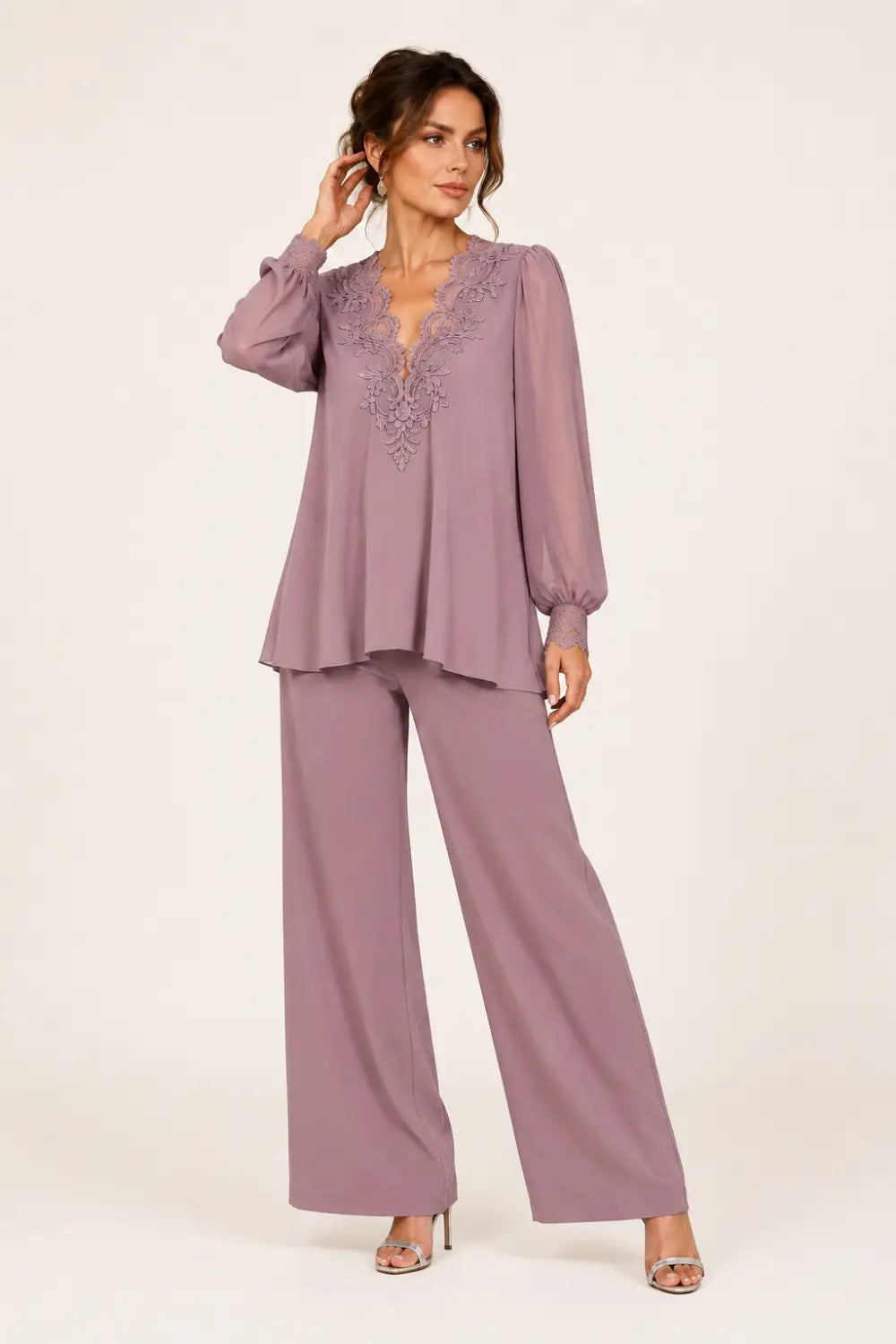 V-Neck Layered Trouser Suit with Wide-Leg Trousers
