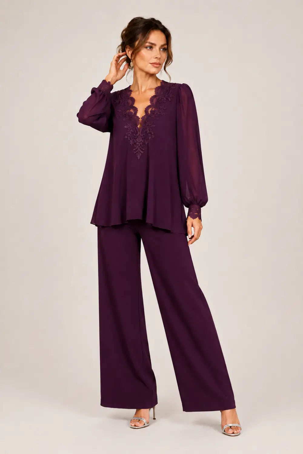 V-Neck Layered Trouser Suit with Wide-Leg Trousers