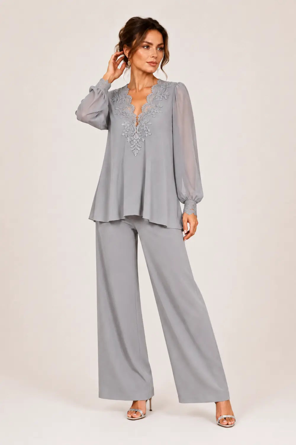 V-Neck Layered Trouser Suit with Wide-Leg Trousers