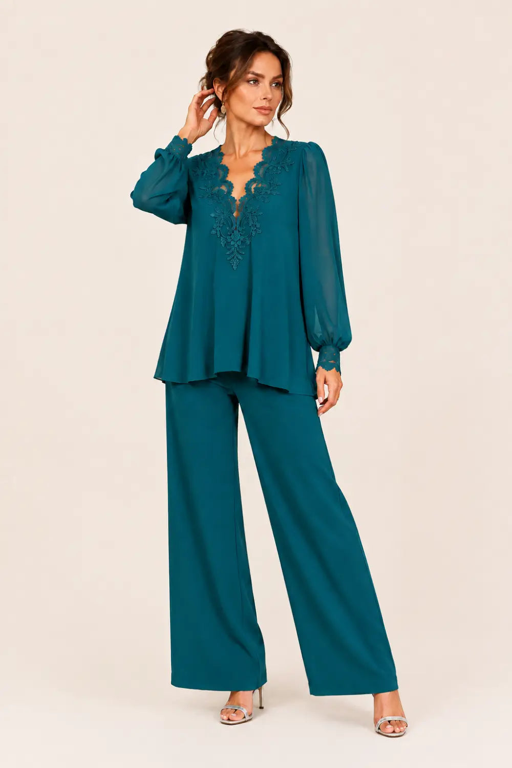 V-Neck Layered Trouser Suit with Wide-Leg Trousers