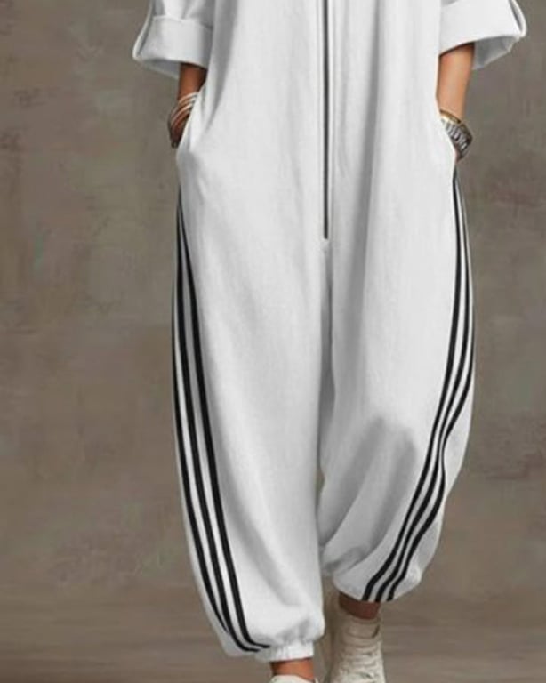 Sporty Striped Zip-Up Jumpsuit
