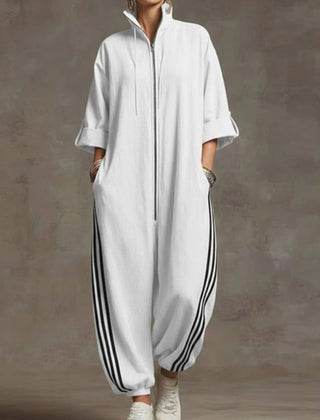 Sporty Striped Zip-Up Jumpsuit