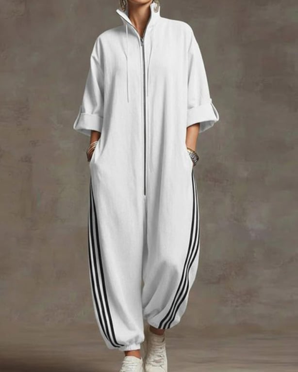 Sporty Striped Zip-Up Jumpsuit