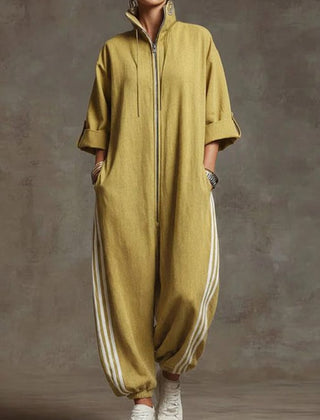 Sporty Striped Zip-Up Jumpsuit