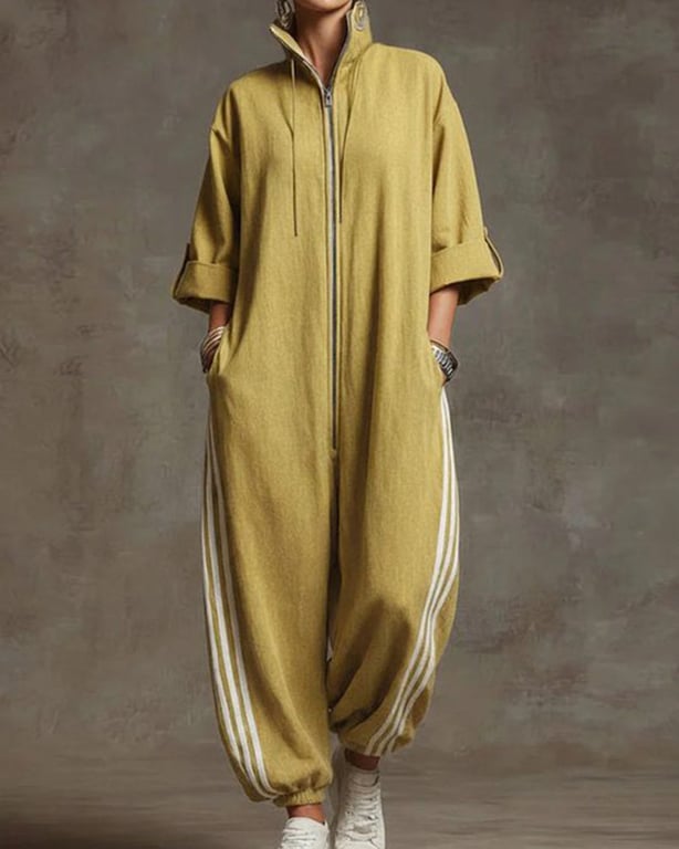 Sporty Striped Zip-Up Jumpsuit