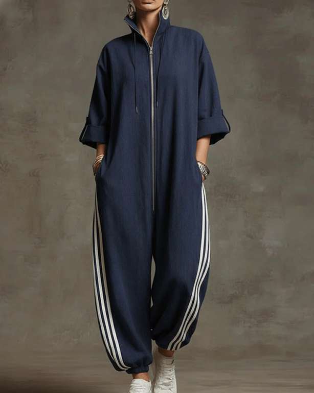 Sporty Striped Zip-Up Jumpsuit