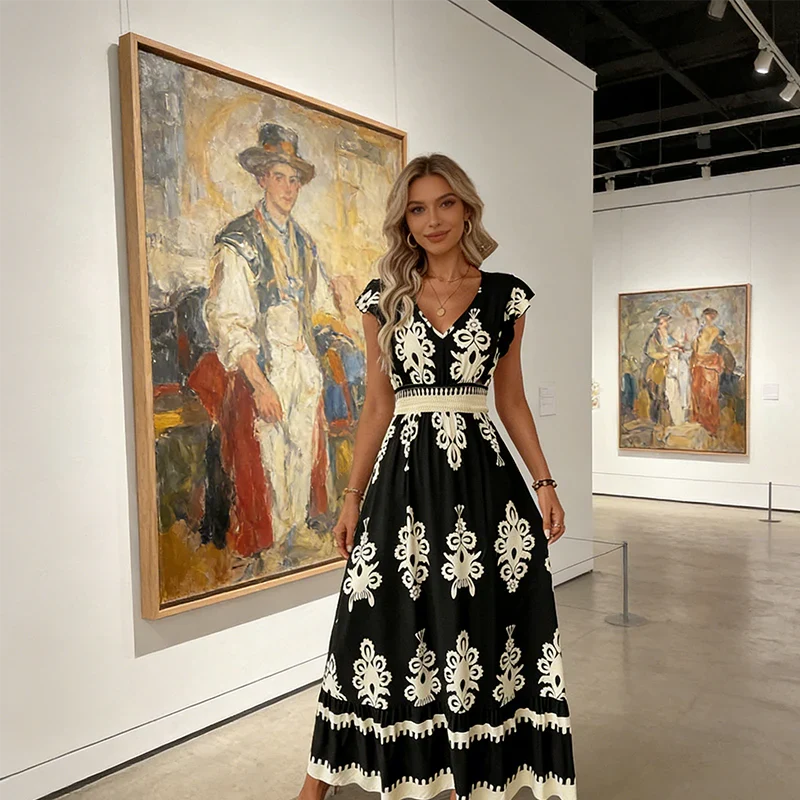 Candela | Baroque Maxi Dress with V-Neck