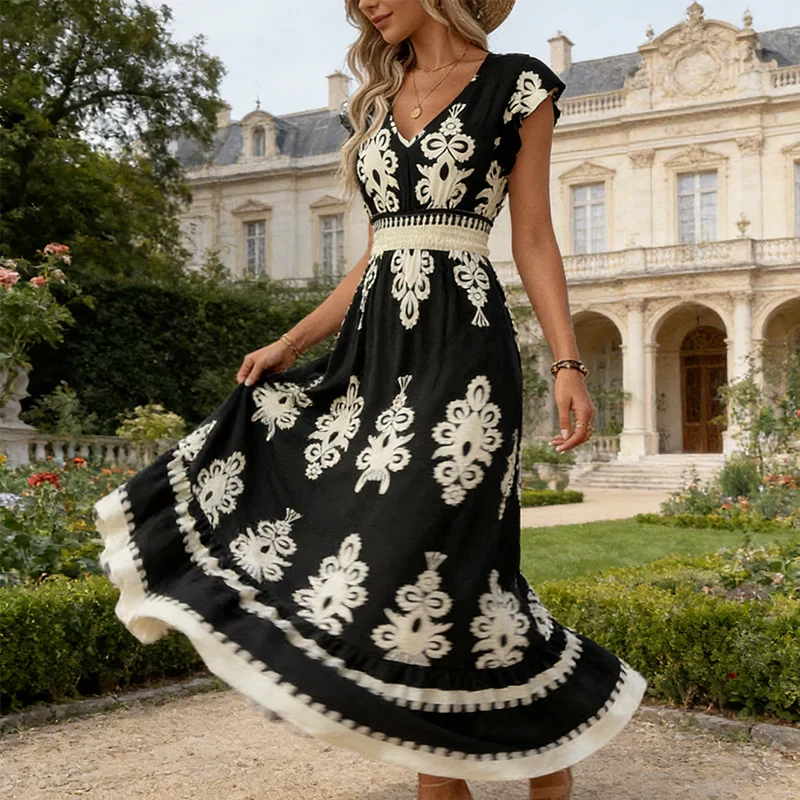 Candela | Baroque Maxi Dress with V-Neck