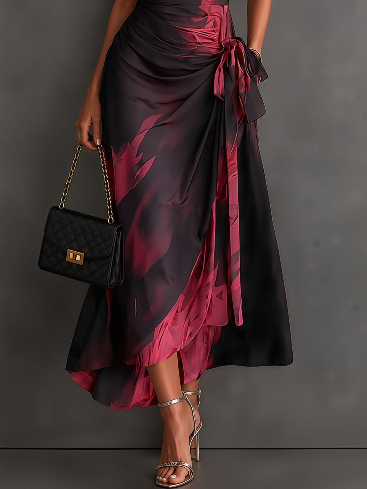 Red Black Abstract Print Wrap Midi Dress with Collared V Neck, Short Sleeves, Tie Waist, and Ruffled High-Low Hem