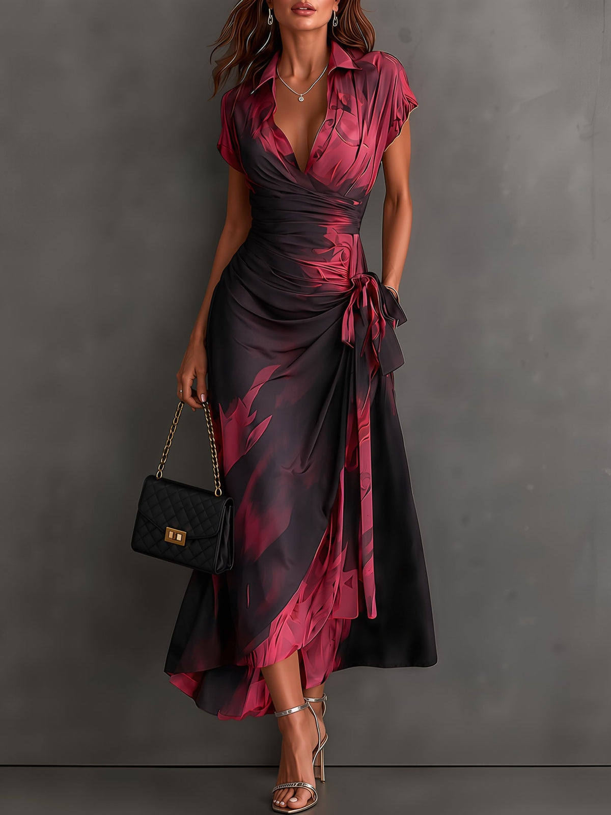 Red Black Abstract Print Wrap Midi Dress with Collared V Neck, Short Sleeves, Tie Waist, and Ruffled High-Low Hem
